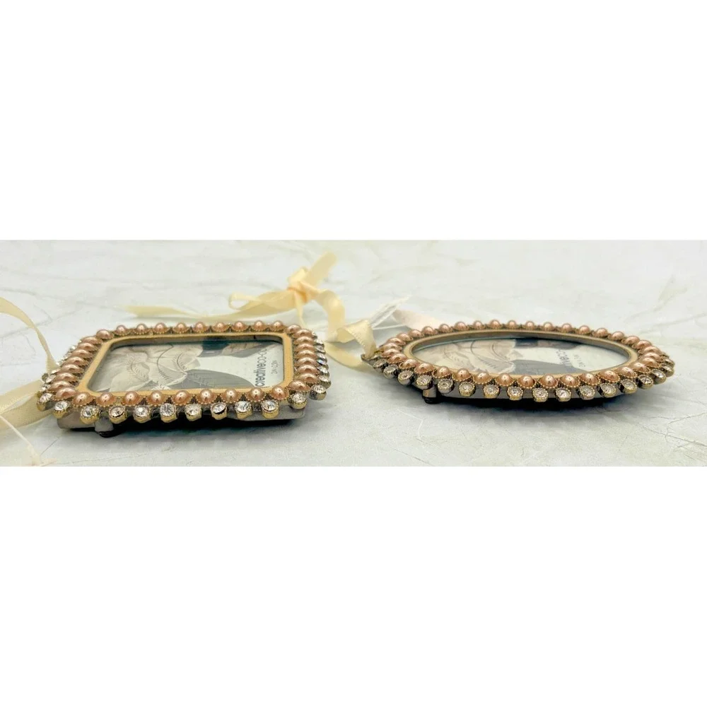 Creative Co-Op Set‎ of 2 Miniature Pewter Frames 2x2-2x3 Faux Beaded Crystal NWT